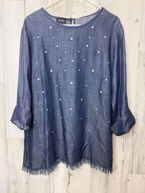 Jones New York Denim-Blue Pearl Accent Blouse